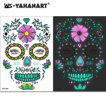 4pcs Halloween Glow Tattoos - UV Reactive Sugar Skull Face Decals
