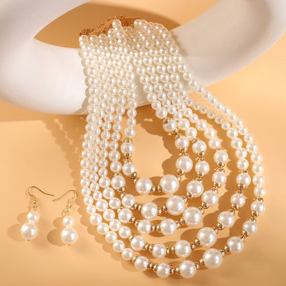 Elegant Pearl Jewelry Bead Cluster Collar Bib Choker Necklace and Earrings Set