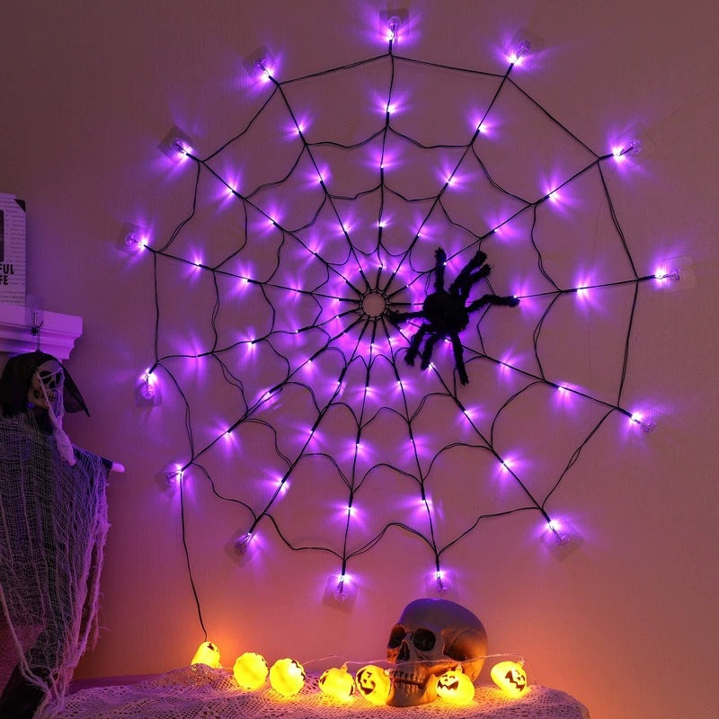 Halloween Decorations Spider Web Lights - 4FT Diameter 70 LEDs with Black Spider, Remote Control