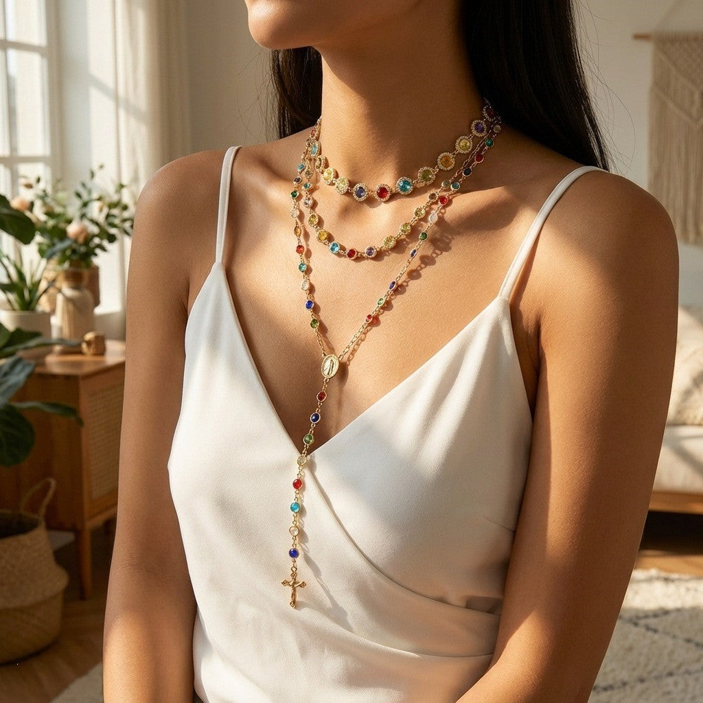 3Pcs Rhinestone Choker Necklace Set Long Colorful Crystal Clavicle Chain