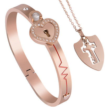 Locking Bracelet With Key For Couple, Love Heart Lock Bangles Key Pendant, Lock Bracelets And Key Necklace Set