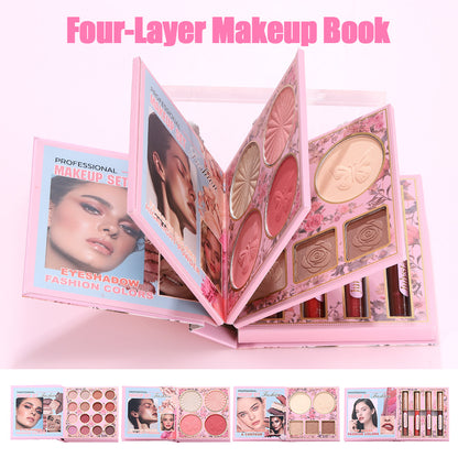 4-In-1 Pink Flip Makeup Book, Portable All-In-One Palette For Basic Eyeshadow, Blush, Lip Gloss & Bronzer