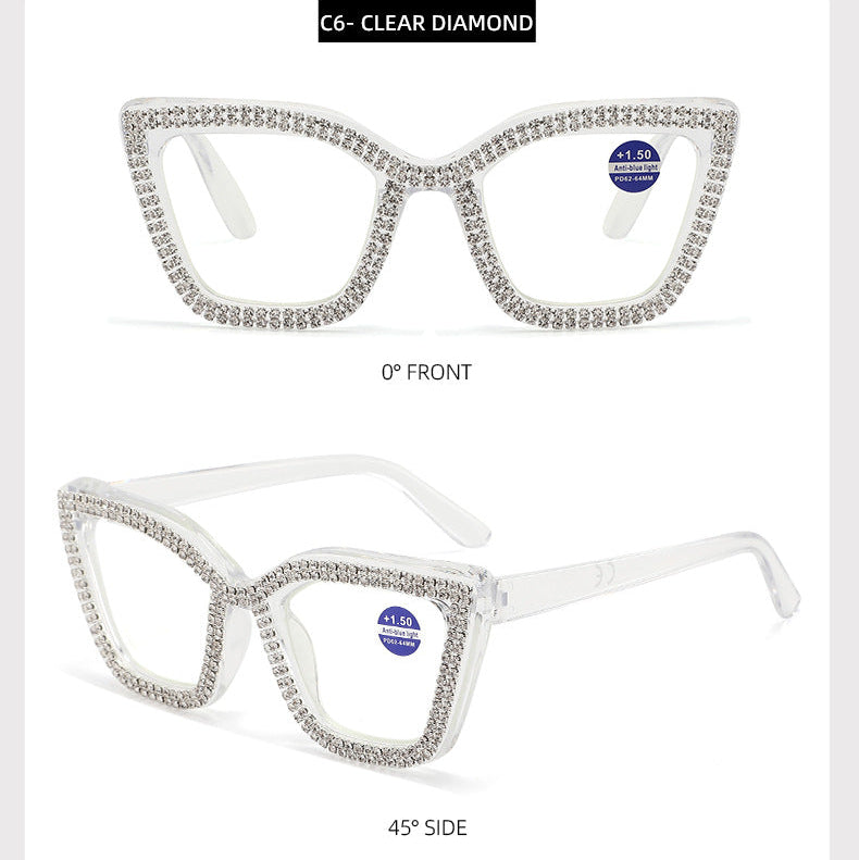 Rhinestone bling Diamond Reading Glasses Square Blue Light Blocking Readers