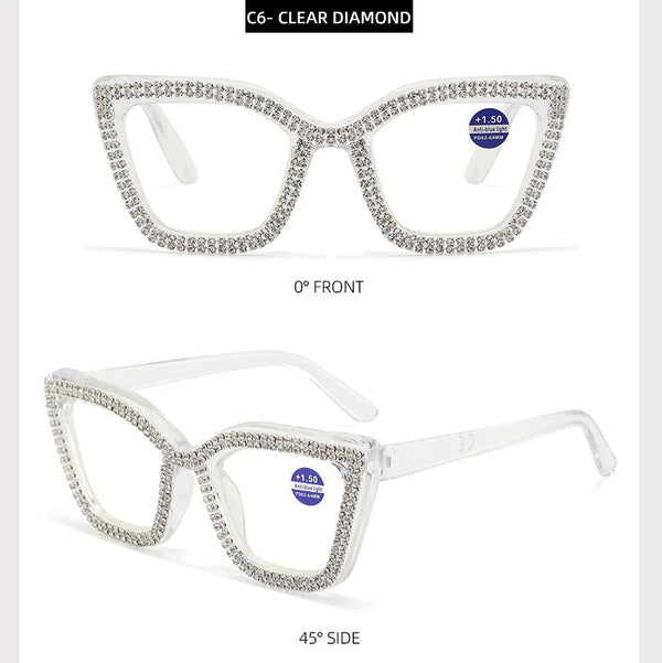 Rhinestone bling Diamond Reading Glasses Square Blue Light Blocking Readers