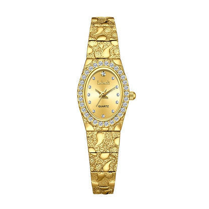 Elegant Women's Quartz Watch, Oval Rhinestone Inlay Dress Watches with Textured Alloy Band
