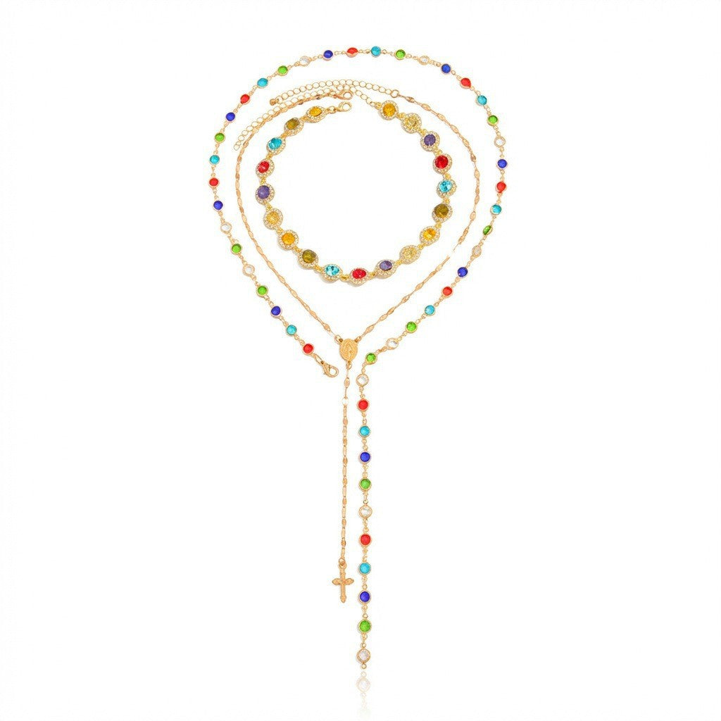 3Pcs Rhinestone Choker Necklace Set Long Colorful Crystal Clavicle Chain