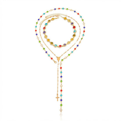 3Pcs Rhinestone Choker Necklace Set Long Colorful Crystal Clavicle Chain