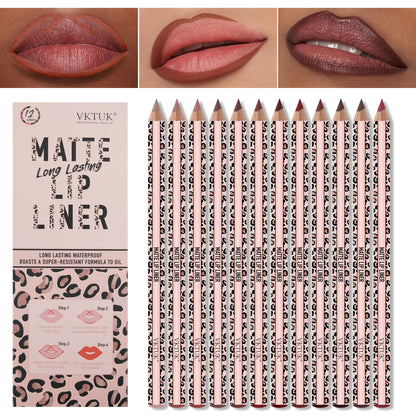 12 Colors Matte Lip Liner Set, Leopard Print Waterproof Long Lasting Lip Pencils