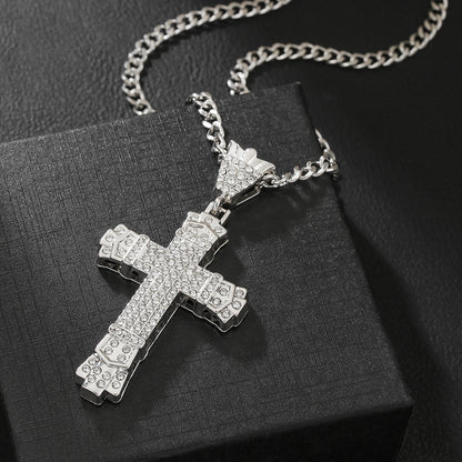 Lucky Wealth-Attracting Cross Necklace Rhinestones Cuban Link Chain Necklace with CZ Cross Pendant