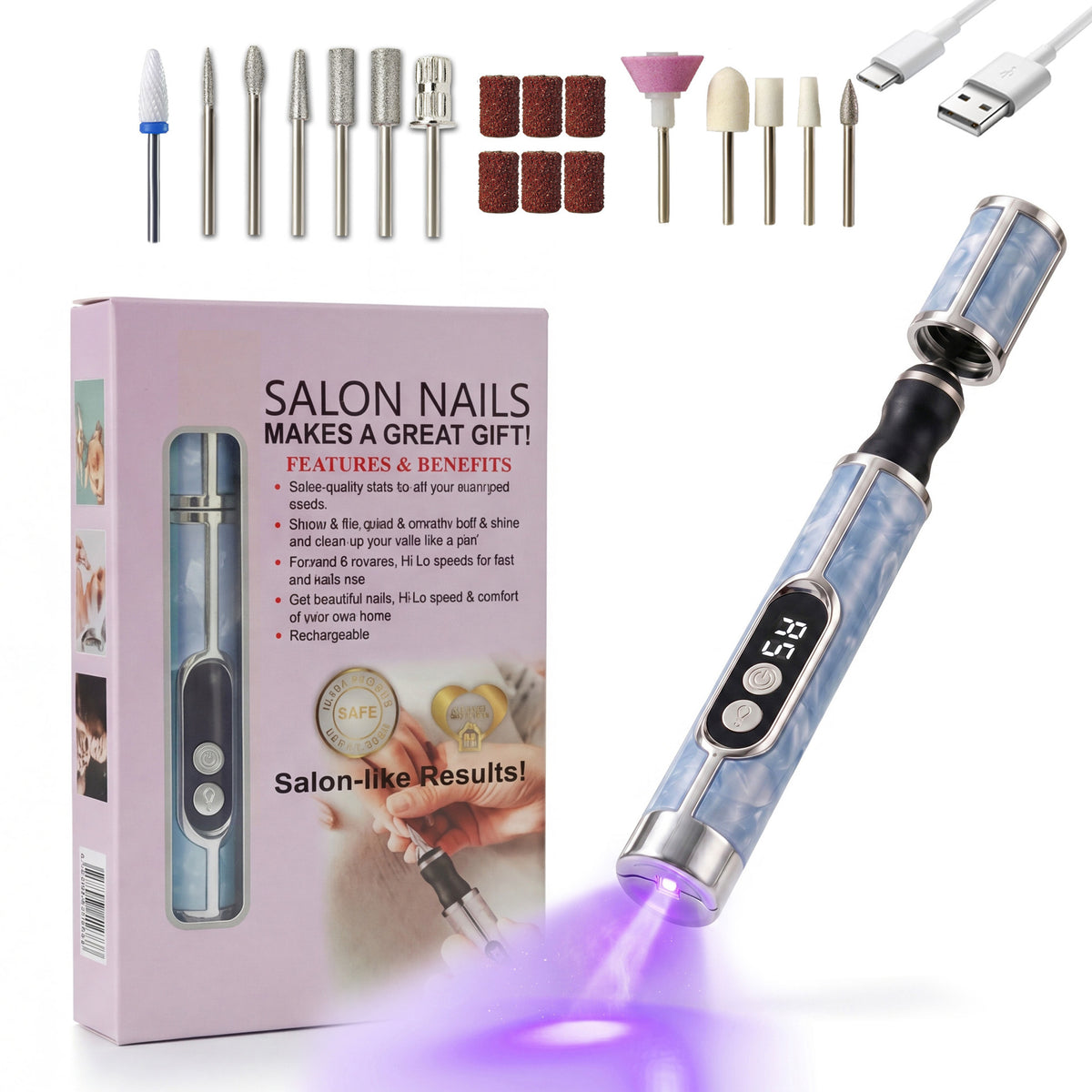 3 in 1 Electric Nail Drill Machine, USB C Rechargeable Nail File, LCD Display, UV Light, Adjustable Speeds