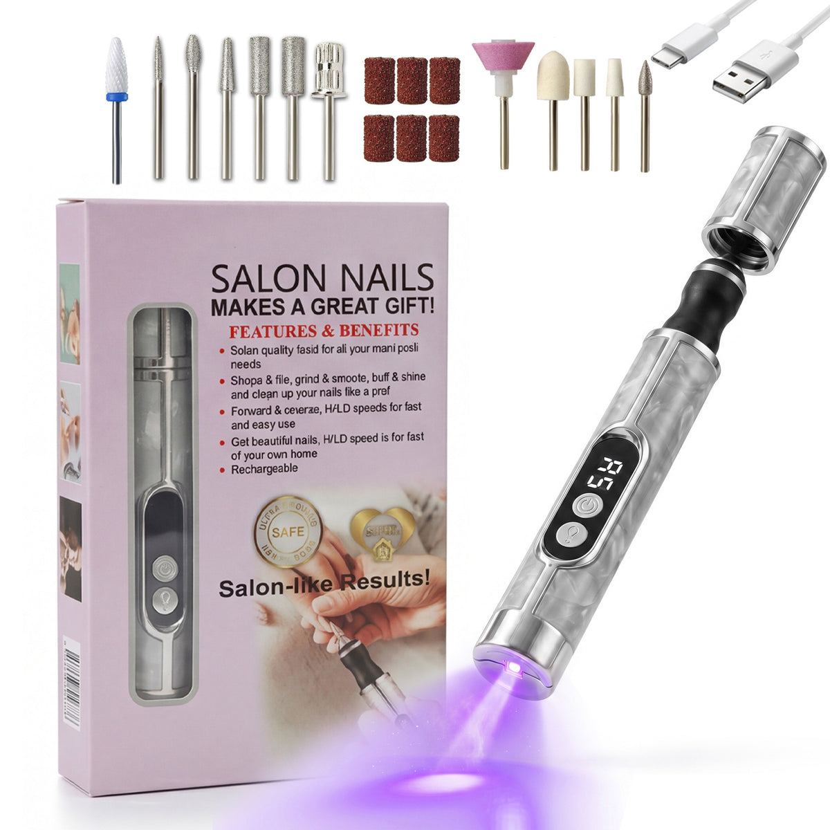 3 in 1 Electric Nail Drill Machine, USB C Rechargeable Nail File, LCD Display, UV Light, Adjustable Speeds