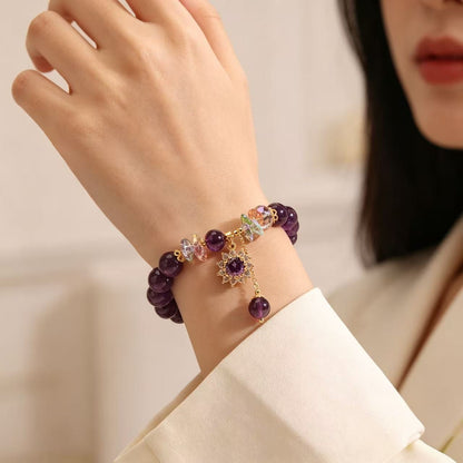 Healing Crystal/Purple Natural Bracelet, Adorned with Sunflower Decoration