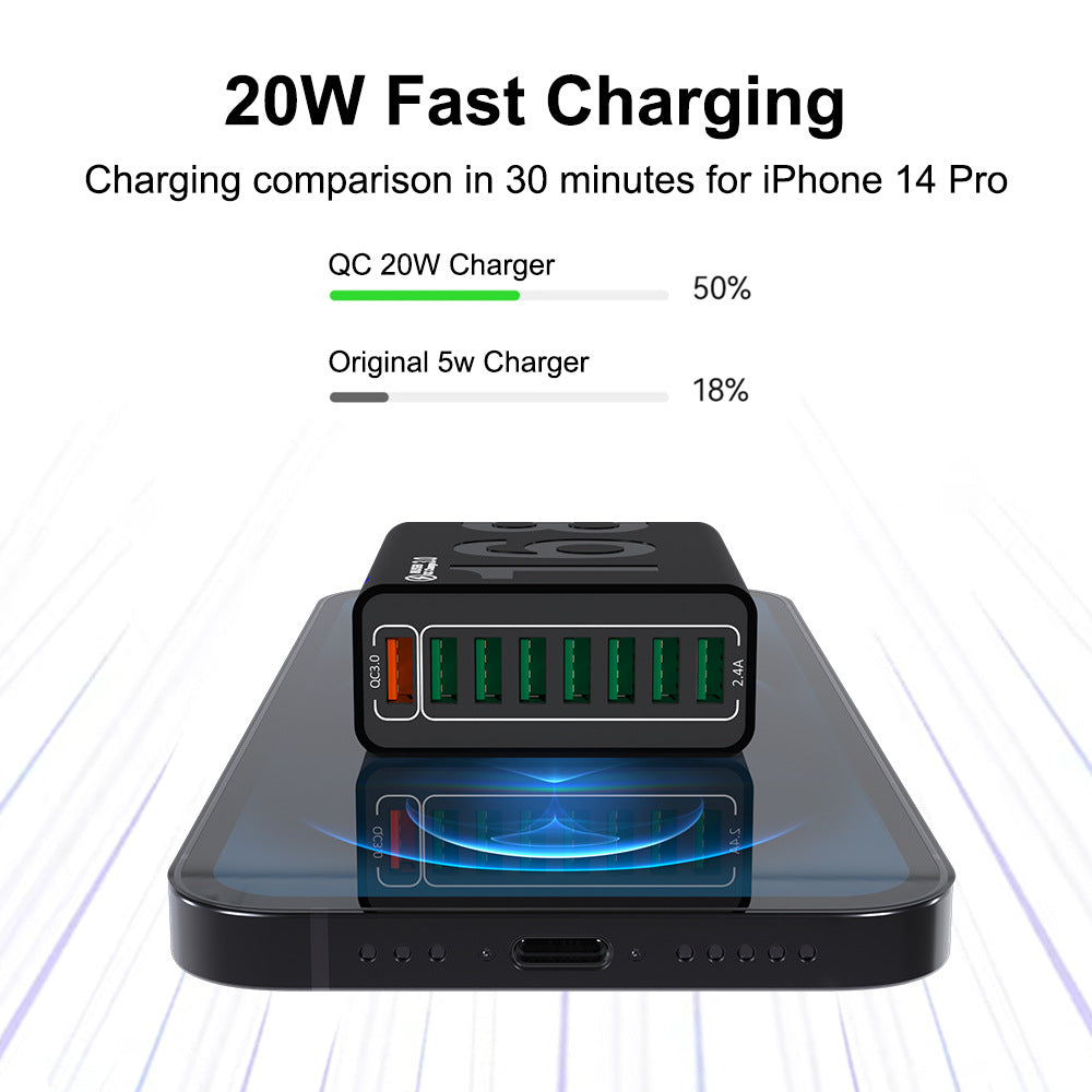 8 Ports with Quick Charger for Smart Phones, Tablets, Devices with Multiple Ports