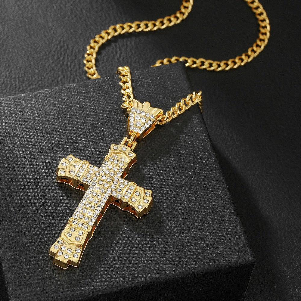 Lucky Wealth-Attracting Cross Necklace Rhinestones Cuban Link Chain Necklace with CZ Cross Pendant