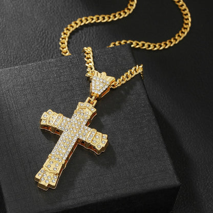 Lucky Wealth-Attracting Cross Necklace Rhinestones Cuban Link Chain Necklace with CZ Cross Pendant