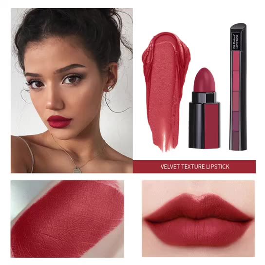 5 in 1 Matte Lipstick,Multicolor Combination Lipsticks Velvety High Pigment Lip Makeup Non-marking Lip Gloss Moisturizing