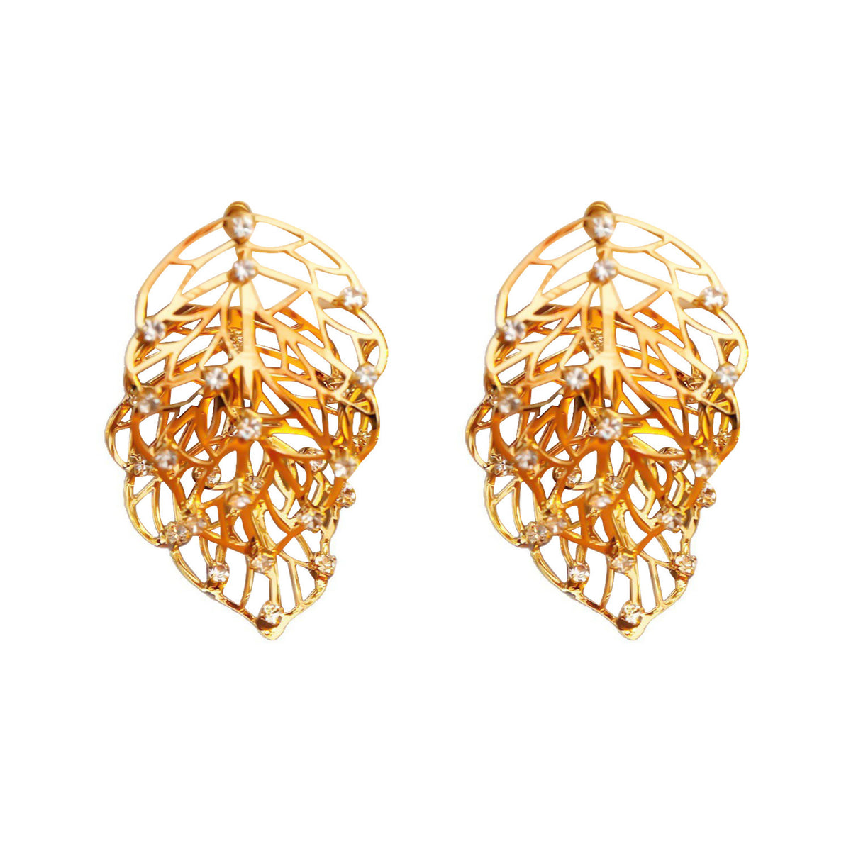 Open Work Leaf Earrings - Ultra-sparkly Zircon Earrings