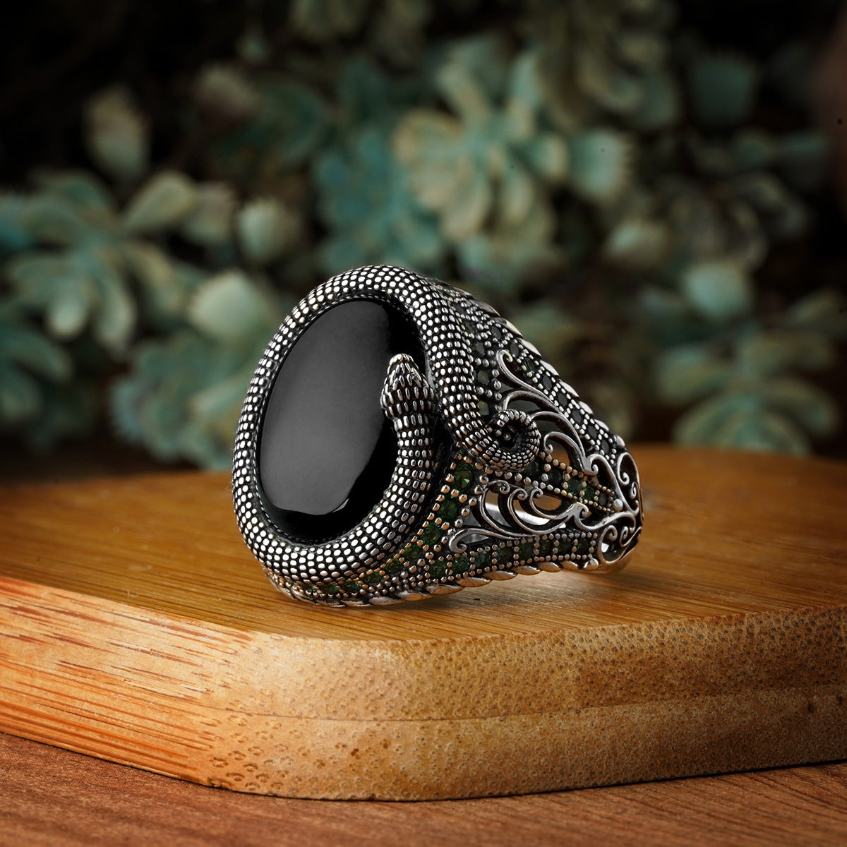 Oval Snake Mens Black Onyx Ring Adjustable