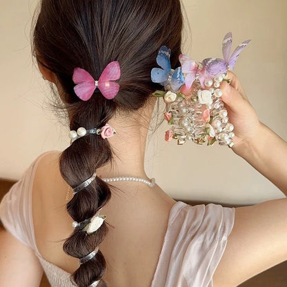 4PC Pearl Butterfly Telephone Wire Hair Ties – Spiral Elastic Bubble Ponytail Hair Bands