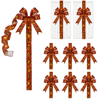 LED Spooky Halloween Cabinet Door Fringe Wreath with Lime Red Large Bow, 79x2.4 Inches