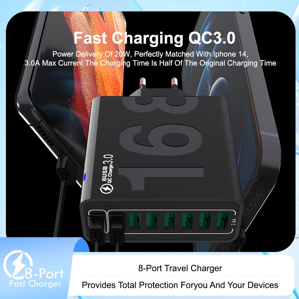 8 Ports with Quick Charger for Smart Phones, Tablets, Devices with Multiple Ports