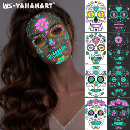 4pcs Halloween Glow Tattoos - UV Reactive Sugar Skull Face Decals