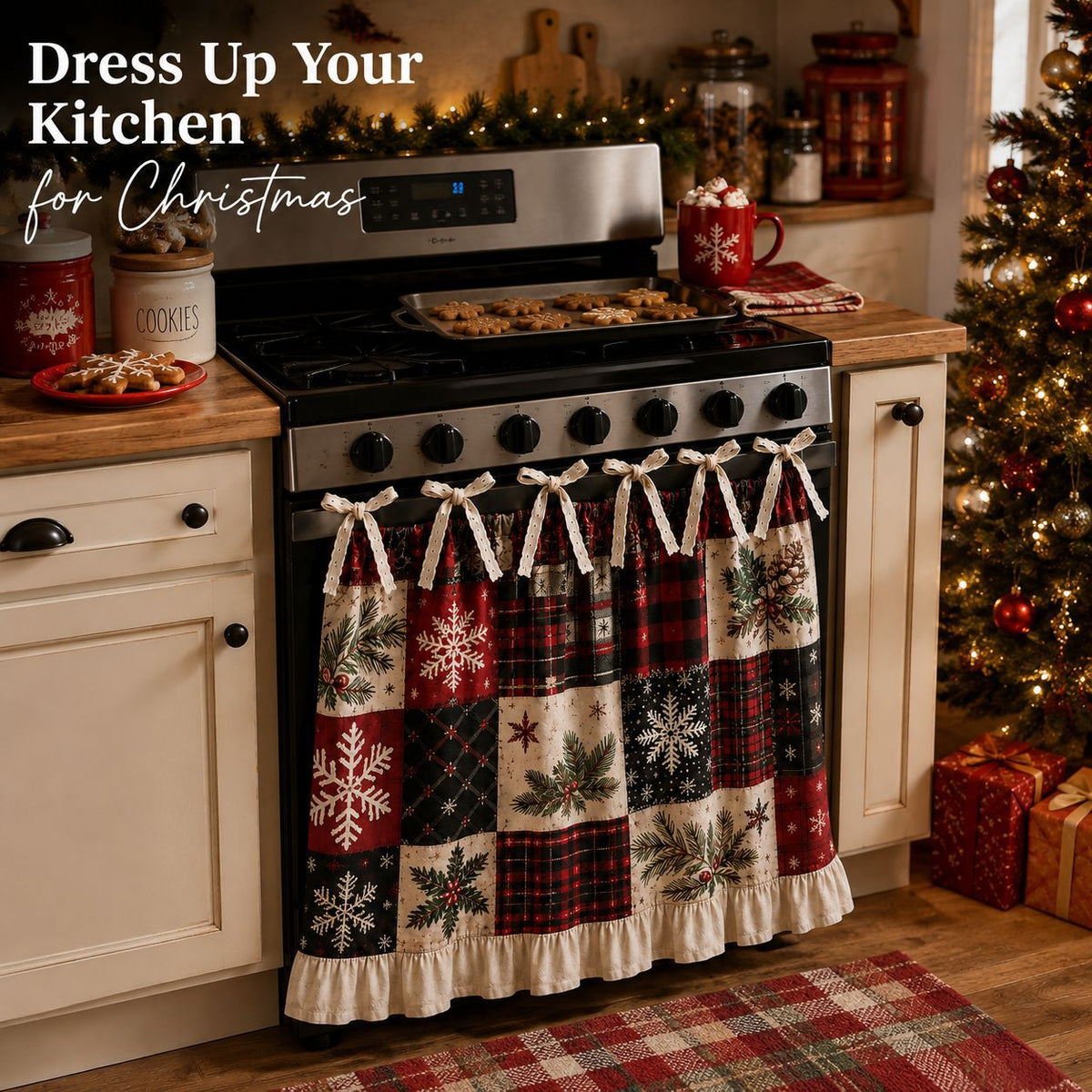 Christmas Stove Skirt, Patchwork Oven Curtain with Bow Tie Ties