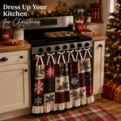 Christmas Stove Skirt, Patchwork Oven Curtain with Bow Tie Ties