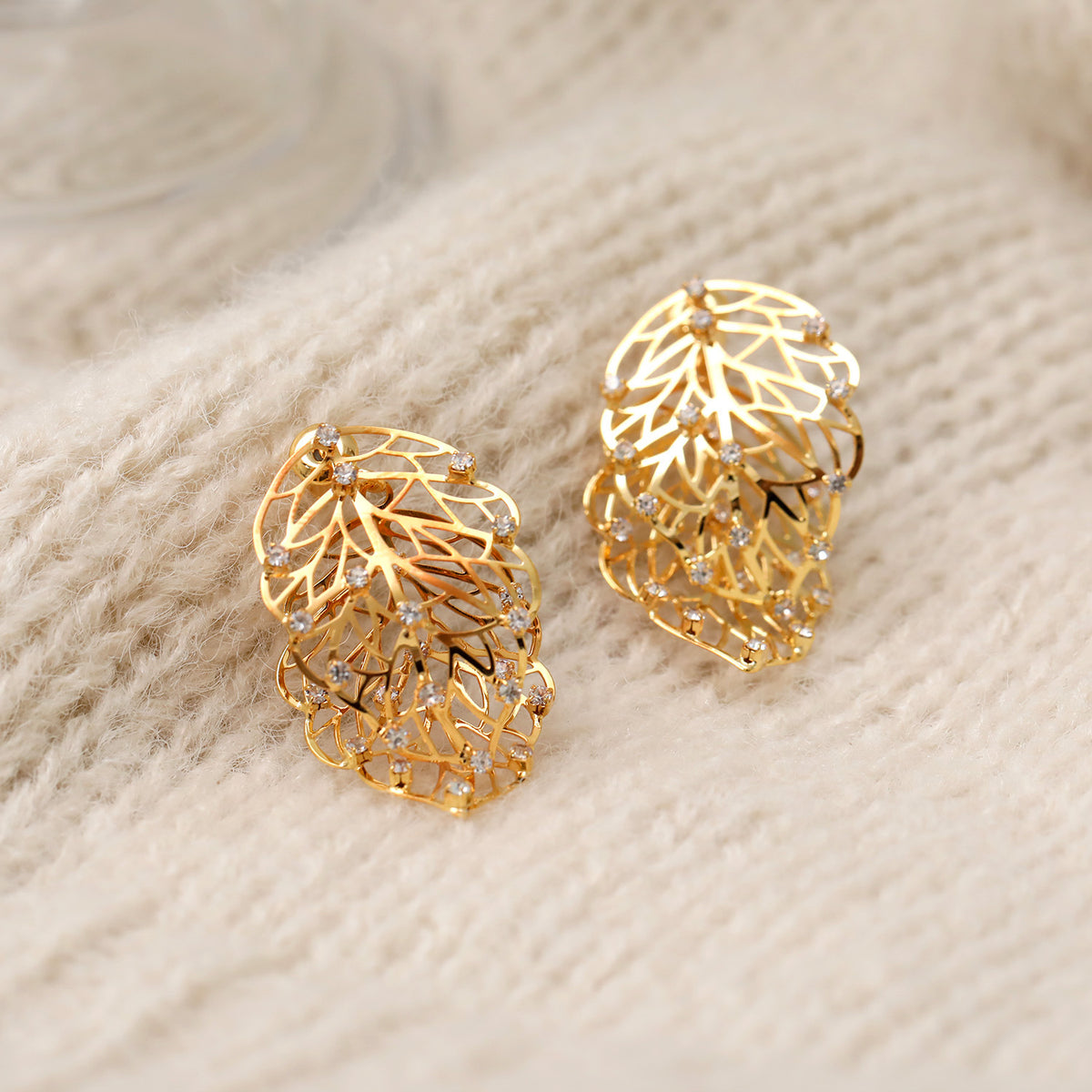 Open Work Leaf Earrings - Ultra-sparkly Zircon Earrings