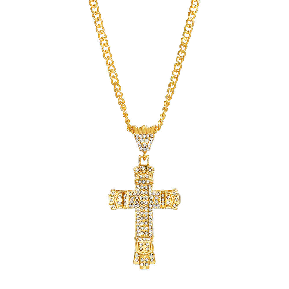 Lucky Wealth-Attracting Cross Necklace Rhinestones Cuban Link Chain Necklace with CZ Cross Pendant