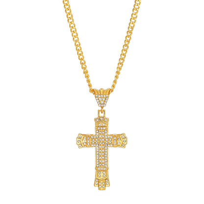Lucky Wealth-Attracting Cross Necklace Rhinestones Cuban Link Chain Necklace with CZ Cross Pendant