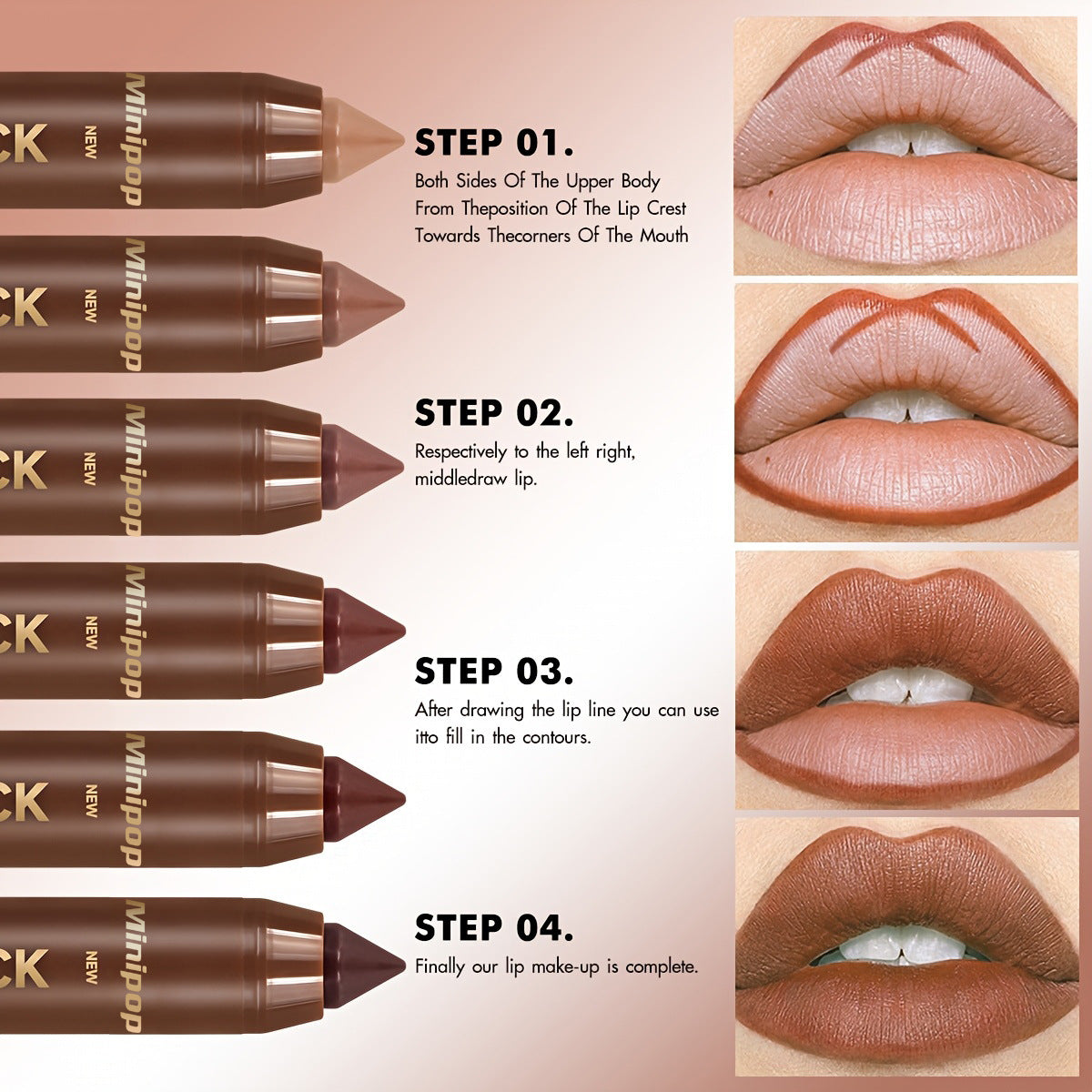 6 Pieces/set Mauve Matte Brown Lip Liner and Lipstick Combo Set Kit