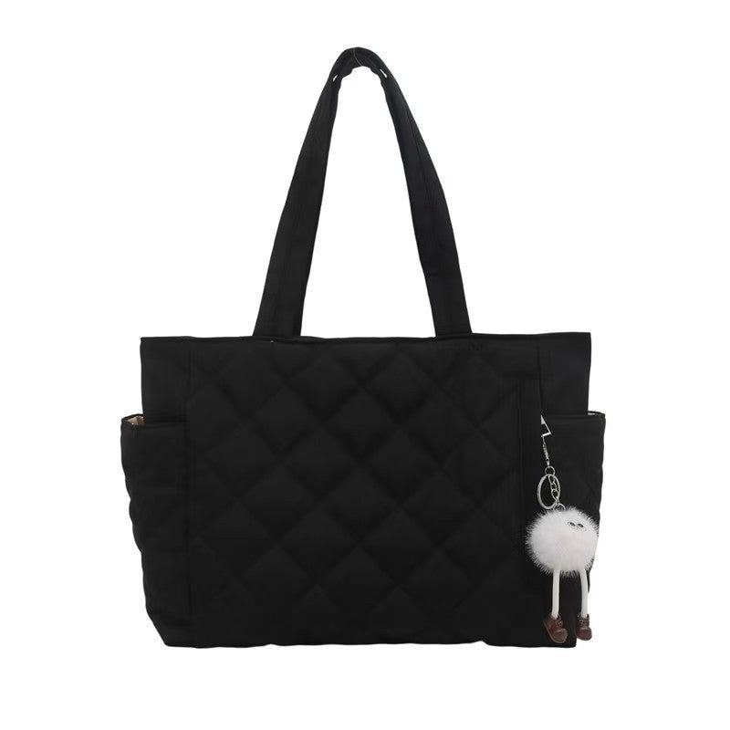 Stylish Quilted Puffer Tote Bag for Women with Doll Ornament