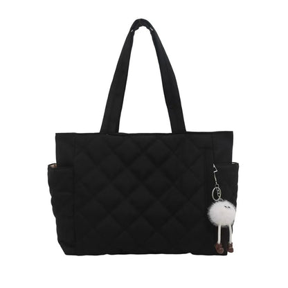 Stylish Quilted Puffer Tote Bag for Women with Doll Ornament