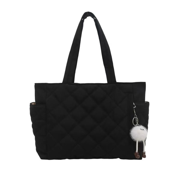 Stylish Quilted Puffer Tote Bag for Women with Doll Ornament
