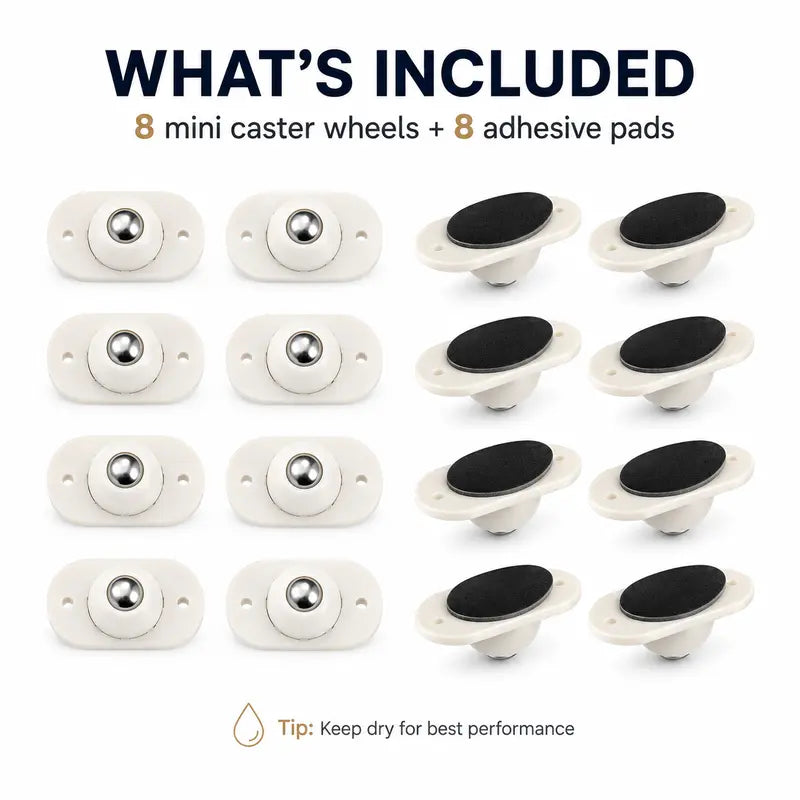 8 Pack Self-Adhesive Mini Caster Wheels, 360° Rotating Stick-On Rollers for Storage Boxes, Small Furniture