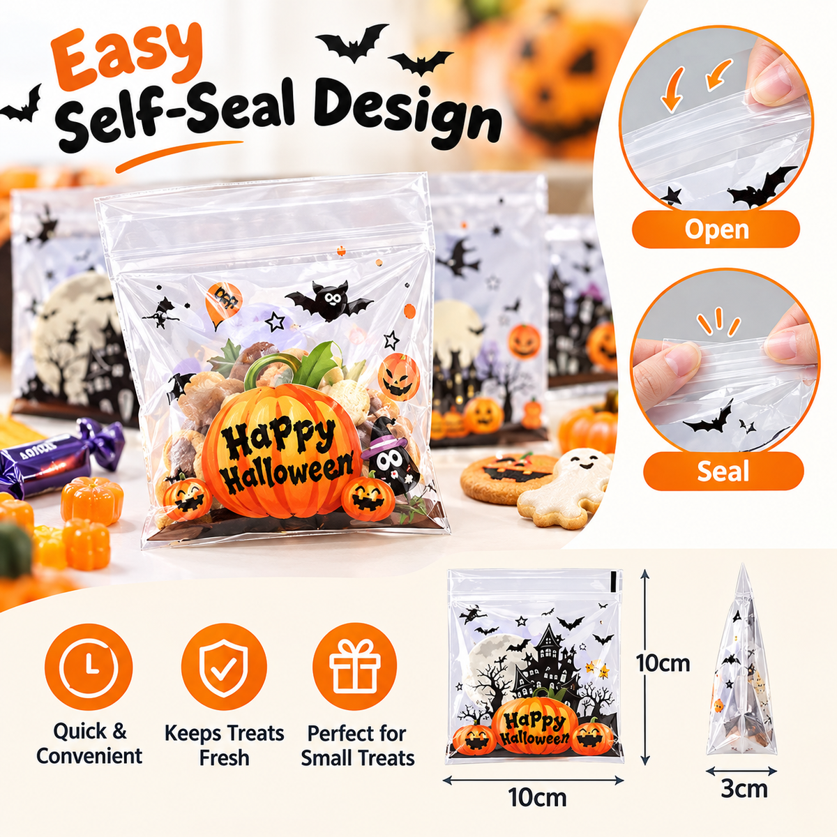 100Pcs Halloween Self-Adhesive Gift Bags - Reusable 4-In-1 Skull