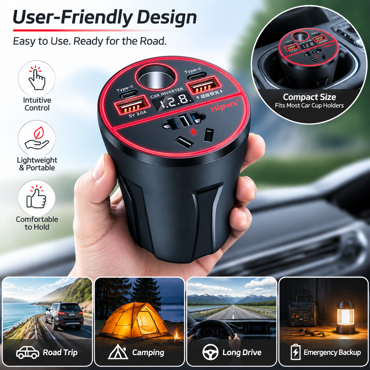 Car USB Fast Charging Power Inverter Digital Vehicle Charger USB Charger Adapter 200W