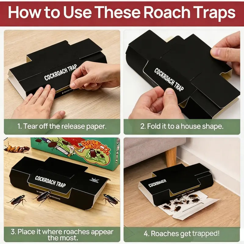 10 Pcs Cockroach Traps Indoors - Sticky Roach Traps & Killer, Family & Pet Safe Roach Motel Traps