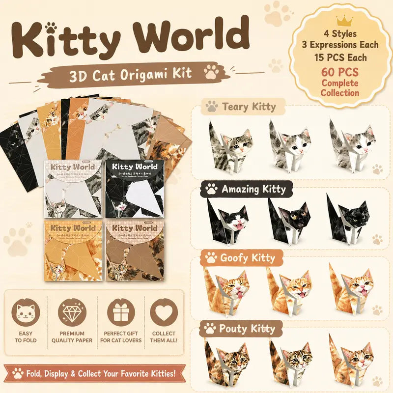 60PCS 3D Cat Origami Kit, DIY Paper Cat Craft Set
