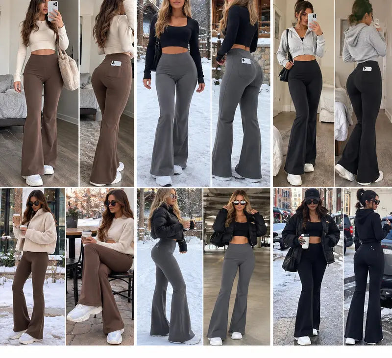 Women’s Fleece Lined Flare Leggings with Pockets, High Waisted Thermal Bell Bottom Yoga Pants