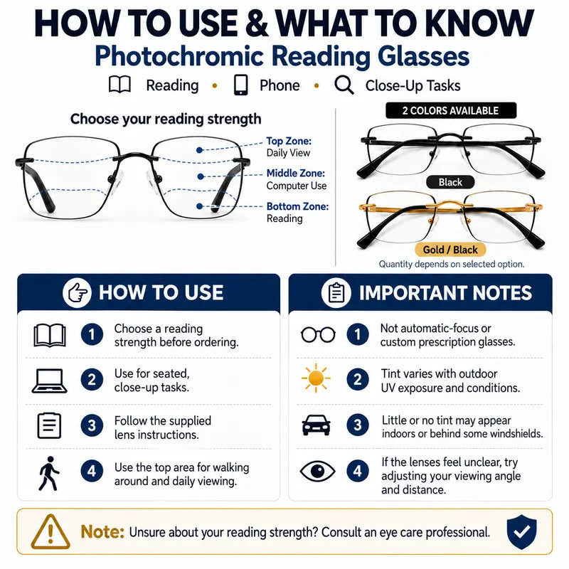 Unisex Progressive Multifocal Photochromic Reading Eyeglasses - Light Adaptive Bluelight Blocking