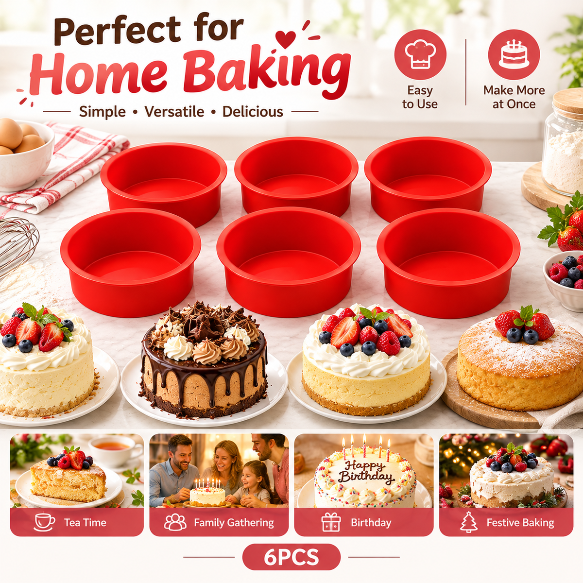 6-Piece Silicone Mini Cake Pans - 4 in Non-Stick Anti-Adhesive Muffin Cupcake Tins & Moulds