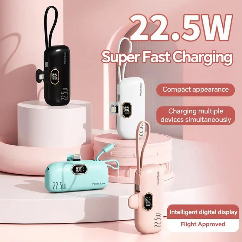 Pocket-Sized 5000mAh Charger, 22.5W Fast Charge, Type-C & USB-A