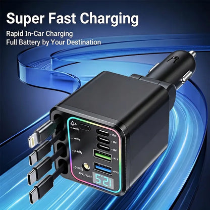 9-in-1-120W Retractable Car Charger with Star Projector Night Light and LED Decorative Light
