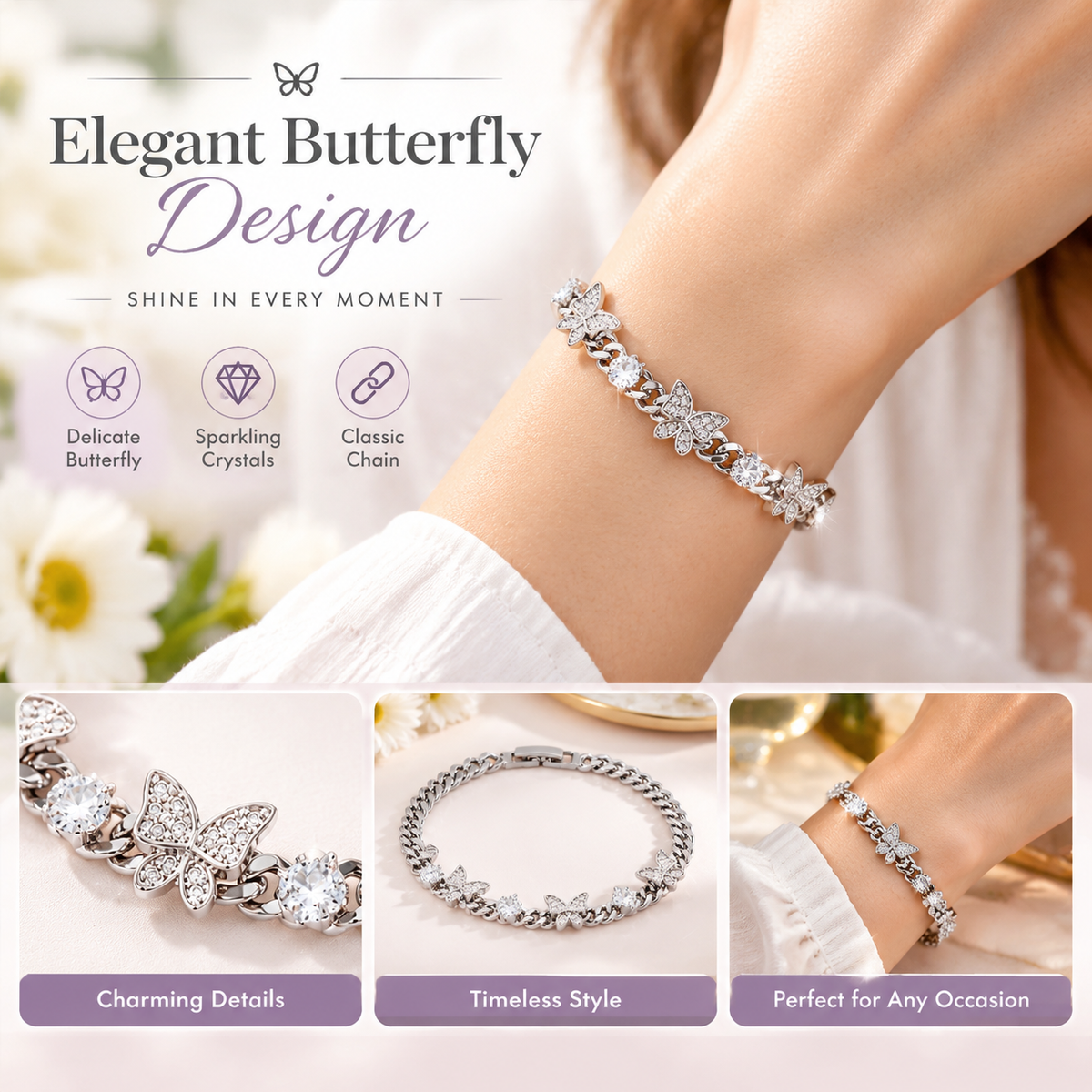 Women’s Figaro-chain Bracelet, Featuring a Butterfly Motif and Cubic Zirconia