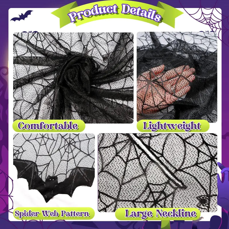 Halloween Poncho for Women, Black Lace Spider Web Cape