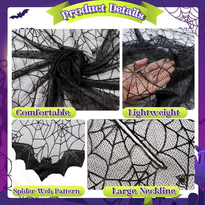 Halloween Poncho for Women, Black Lace Spider Web Cape