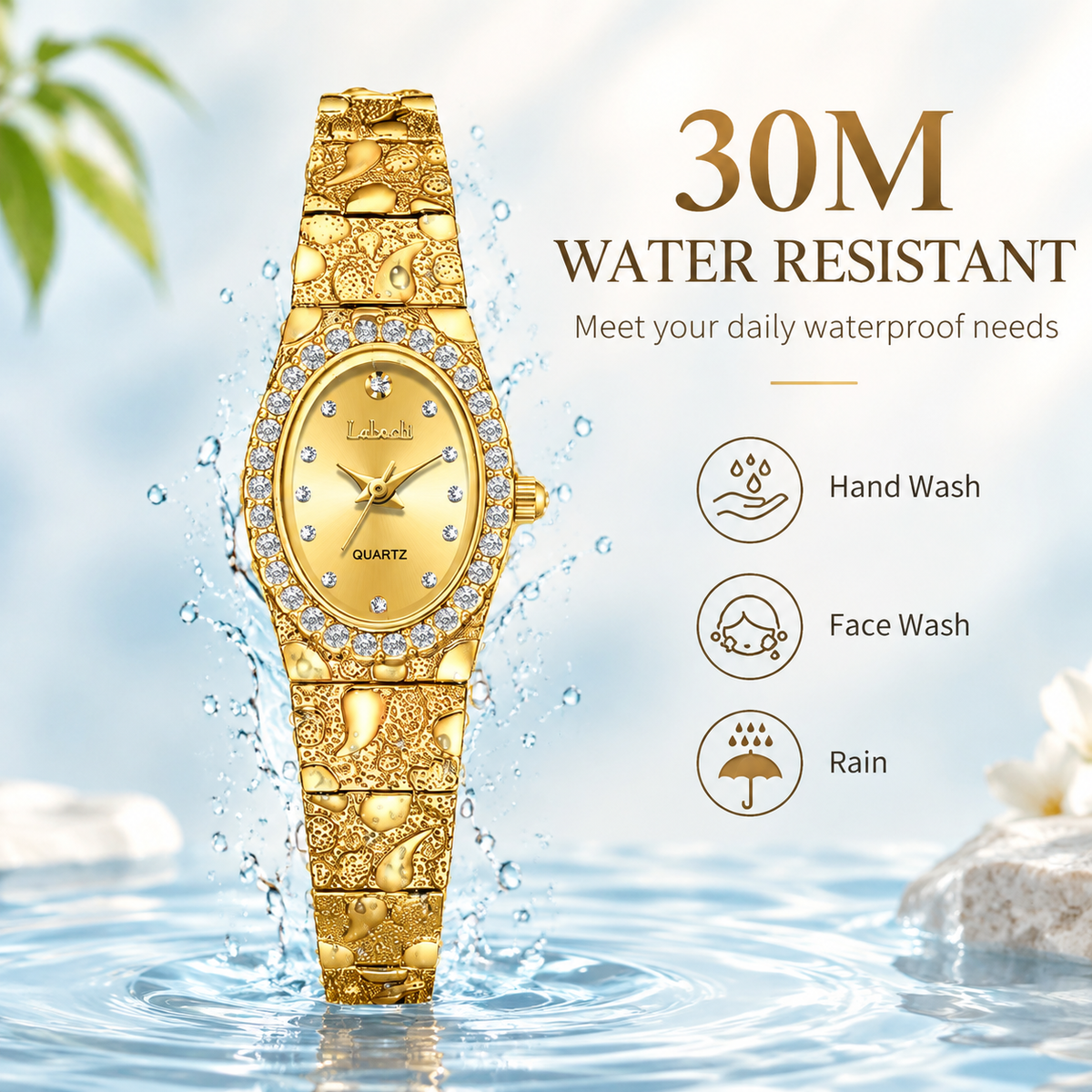 Elegant Women's Quartz Watch, Oval Rhinestone Inlay Dress Watches with Textured Alloy Band