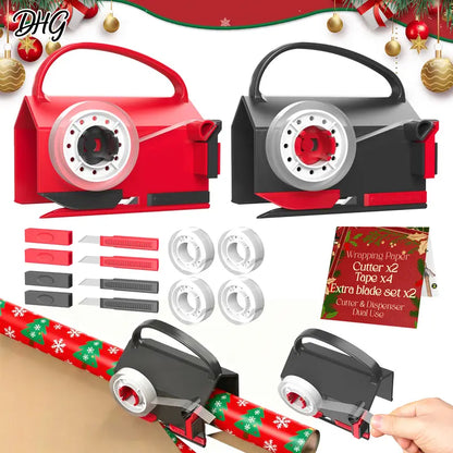 2 Pack Dual-Use Wrapping Paper Cutter & Tape Dispenser Kit, Includes 4 Rolls Tape & 2 Replacement Blades